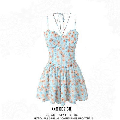 Halter neck dress with pleated puffy mini panty skirt