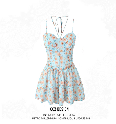 Halter neck dress with pleated puffy mini panty skirt