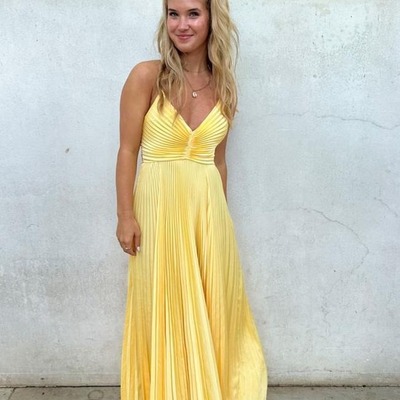 V neck a line yellow satin long prom dresses ,pd230418