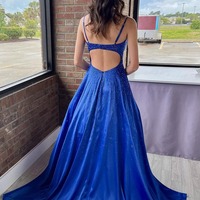  V Neck A Line Satin Long Prom Dresses with Beading ,PD230419 - Thumbnail 1