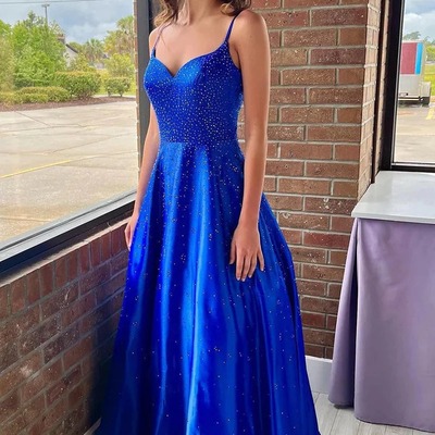  v neck a line satin long prom dresses with beading ,pd230419 - Thumbnail 4