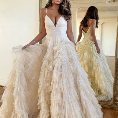 V neck a line champagne tulle long prom dresses ,pd230424 - Thumbnail 4