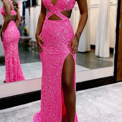 Mermaid hot pink sequins hollow-out prom dress ,pd230426 - Thumbnail 3