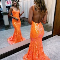 V Neck Mermaid Orange Sequins Long Prom Dresses ,PD230427 - Thumbnail 1