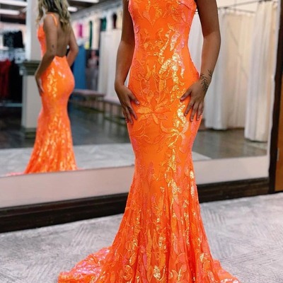 V neck mermaid orange sequins long prom dresses ,pd230427 - Thumbnail 3