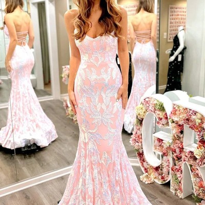 Strapless mermaid blush pink long prom dresses,pd230428 - Thumbnail 3