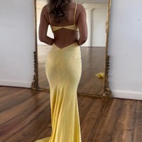V Neck Mermaid Yellow Satin Long Prom Dresses with Beading,PD230431 - Thumbnail 1