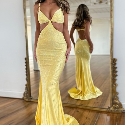 V neck mermaid yellow satin long prom dresses with beading,pd230431