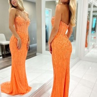 V Neck Mermaid Orange Sequins Long Prom Dresses with Beading,PD230432 - Thumbnail 1