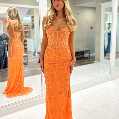 V neck mermaid orange sequins long prom dresses with beading,pd230432