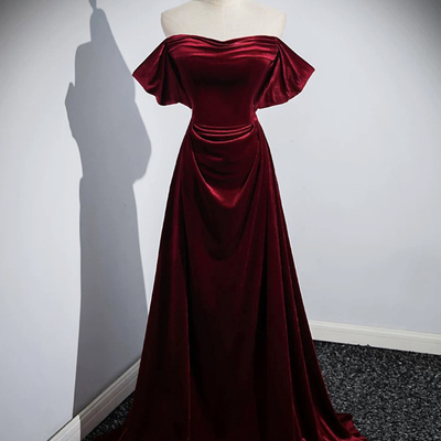Burgundy velvet long prom dress, elegant party evening dress - Thumbnail 1