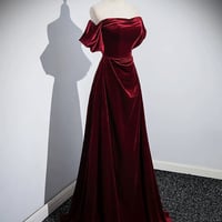 Burgundy Velvet Long Prom Dress, Elegant Party Evening Dress - Thumbnail 1
