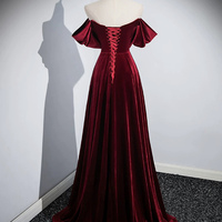 Burgundy Velvet Long Prom Dress, Elegant Party Evening Dress - Thumbnail 2