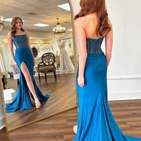 Scoop Neck Mermaid Blue Satin Long Prom Dresses,PD230437 - Thumbnail 1