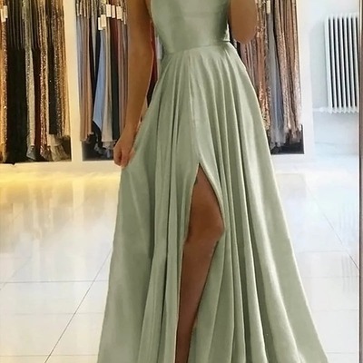  scoop neck a line sage green satin prom dress with pockets,pd230438