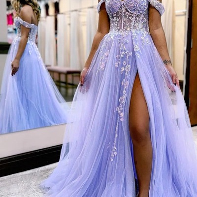 Off the shoulder a line lavender tulle prom dresses with slit,pd230439 - Thumbnail 4