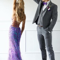 Mermaid Purple Sequins V Neck Long Prom Dresses with Feather,PD230441 - Thumbnail 1