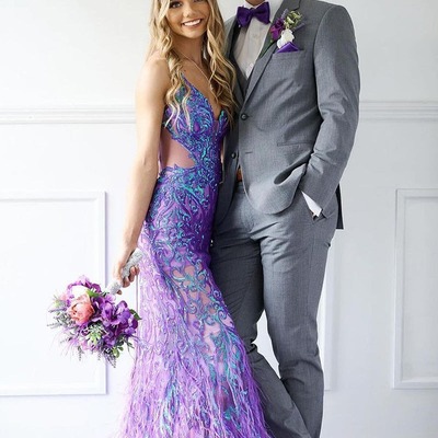 Mermaid purple sequins v neck long prom dresses with feather,pd230441