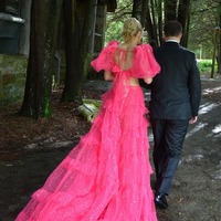 Fuchsia Two Piece Long Sweetheart Tulle  Prom Dresses with Slit,PD230443 - Thumbnail 2