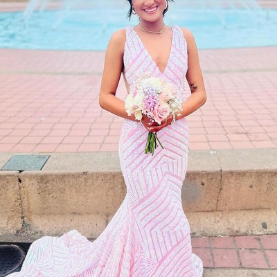 Mermaid light pink sequins v neck  long prom dresses,pd230446 - Thumbnail 3