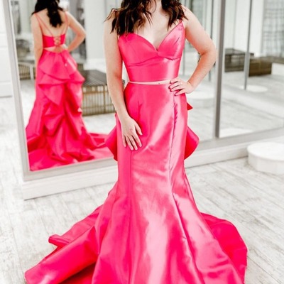 Long pink v neck satin two piece  prom dresses with ruffle,pd230449 - Thumbnail 2