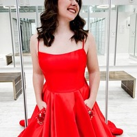 A-Line Red Scoop Neck Satin Prom Dresses with Pockets,PD230450 - Thumbnail 2