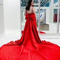 A-Line Red Scoop Neck Satin Prom Dresses with Pockets,PD230450 - Thumbnail 1