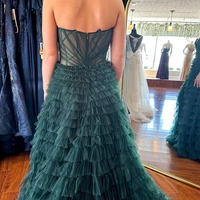 Strapless Dark Green Ruffle Tiered Tulle Long Prom Dresses,PD230451 - Thumbnail 1