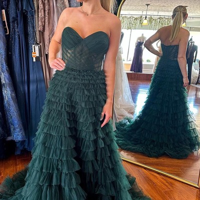 Strapless dark green ruffle tiered tulle long prom dresses,pd230451