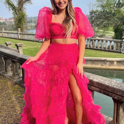 Sweetehart fuchsia two piece  sparkly tulle long prom dresses with slit,pd230454