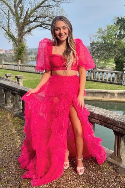 Sweetehart Fuchsia Two Piece  Sparkly Tulle Long Prom Dresses with Slit,PD230454