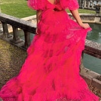 Sweetehart Fuchsia Two Piece  Sparkly Tulle Long Prom Dresses with Slit,PD230454 - Thumbnail 1