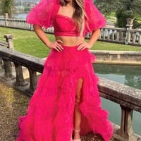 Sweetehart Fuchsia Two Piece  Sparkly Tulle Long Prom Dresses with Slit,PD230454 - Thumbnail 2