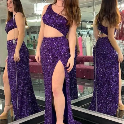 Mermaid purple one shoulder sequins  long prom dresses,pd230455