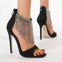 Fringed Suede Stiletto Roman Sandals - Thumbnail 2