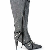 Pointed Toe Stiletto Heel Side Zipper Rivet Buckle Over-the-Knee Boots - Thumbnail 3