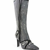 Pointed Toe Stiletto Heel Side Zipper Rivet Buckle Over-the-Knee Boots - Thumbnail 4