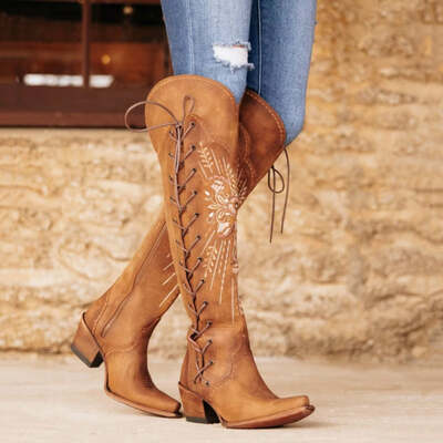 Over-the-knee side zipper belted chunky heel women's boots