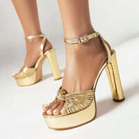 Gold Round-Toe Diamond-Patterned Peep-Toe Stiletto Sandals - Thumbnail 2
