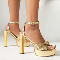 Gold Round-Toe Diamond-Patterned Peep-Toe Stiletto Sandals - Thumbnail 3