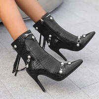 Metallic Stone Pattern Fringed Short Slim High Heels Boots - Thumbnail 2