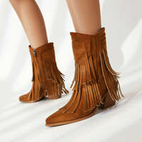 Embroidered Suede Ankle Tassel Accents and Contrast Colors Boots - Thumbnail 4