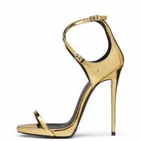 Golden Patent Leather Clutch with Cross-Strap High Heeled Sandals - Thumbnail 2