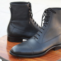 Crafted Leather Handmade Black Calf Leather Ankle High Lace up Dress Boot - Thumbnail 3