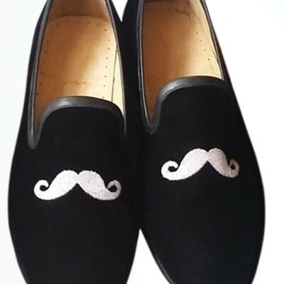 Crafted leather bareskin men black mustache embroidery velvet loafers slip on dress shoes - Thumbnail 4