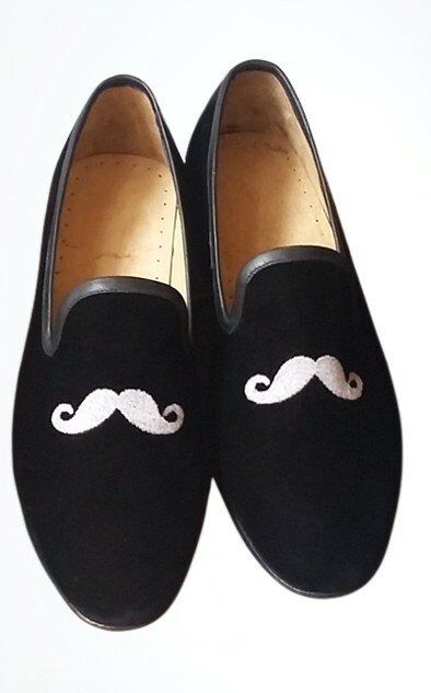 Crafted Leather Bareskin Men Black Mustache Embroidery Velvet Loafers Slip on Dress Shoes