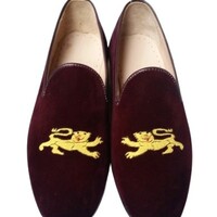 Crafted Leather Men Classic Maroon Velvet Loafers Dress Shoes - Thumbnail 1