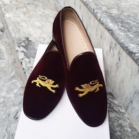 Crafted Leather Men Classic Maroon Velvet Loafers Dress Shoes - Thumbnail 2