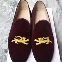 Crafted Leather Men Classic Maroon Velvet Loafers Dress Shoes - Thumbnail 3