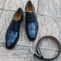 Crafted Leather Handmade Blue Crocodile/Alligator Wingtip Dress Shoes with Matching Belt - Thumbnail 1